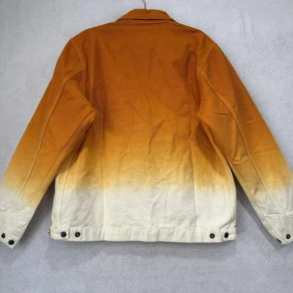 FLAN Jacket Mens Large Orange White Ombre Dip Dye Zip Front Work Chore Cotton